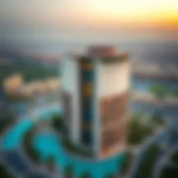 Aerial view of Al Kifaf Oasis Building showcasing its unique structure