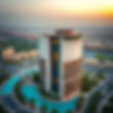 Aerial view of Al Kifaf Oasis Building showcasing its unique structure