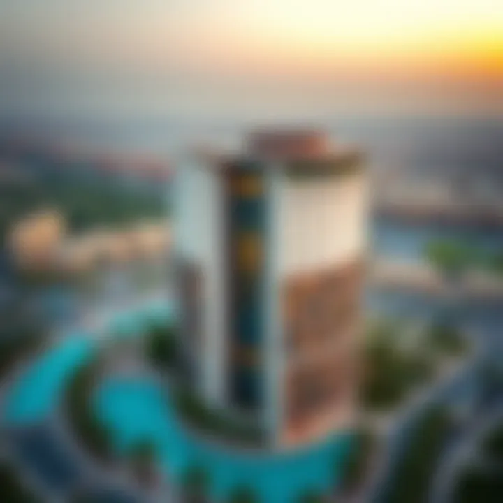 Aerial view of Al Kifaf Oasis Building showcasing its unique structure