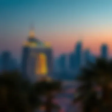 Evening skyline of Dubai featuring the illuminated Al Kifaf Oasis Building