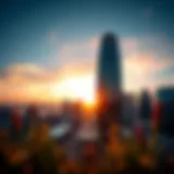 A breathtaking view of the API Trio Office Tower at sunset, showcasing its modern architecture and vibrant skyline