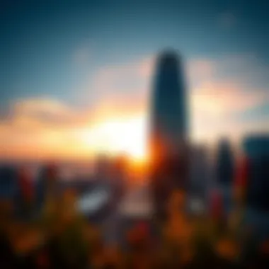 A breathtaking view of the API Trio Office Tower at sunset, showcasing its modern architecture and vibrant skyline