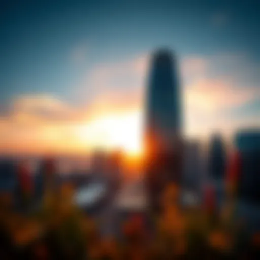 A breathtaking view of the API Trio Office Tower at sunset, showcasing its modern architecture and vibrant skyline