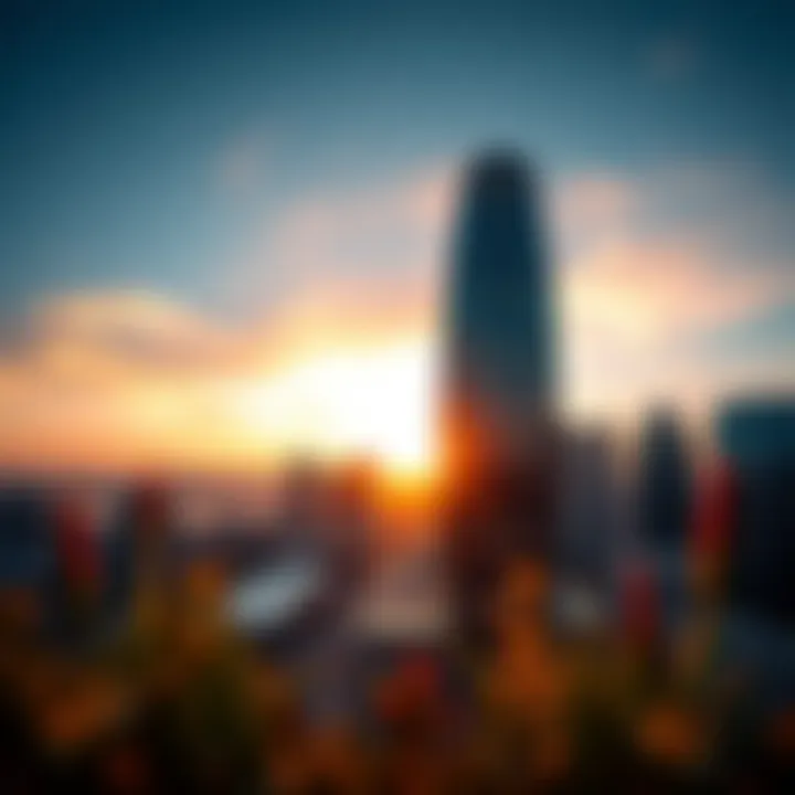 A breathtaking view of the API Trio Office Tower at sunset, showcasing its modern architecture and vibrant skyline