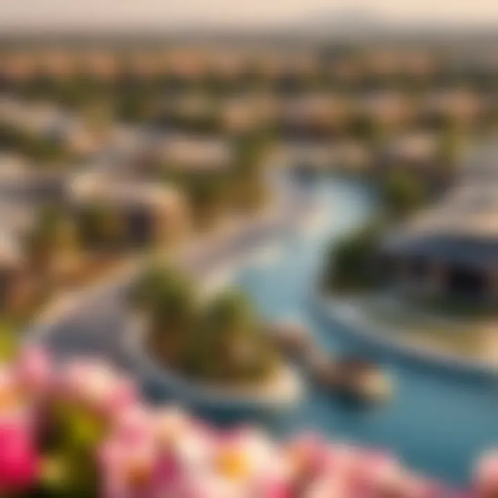 Vibrant community surrounding Azizi Venice with lush landscaping