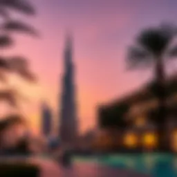 Stunning exterior view of Burj Al Noor against a sunset backdrop