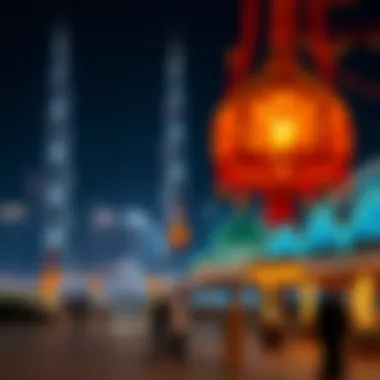 Ramadan in Dubai: A Cultural Mosaic A vibrant Dubai skyline during Ramadan with lights and decorations