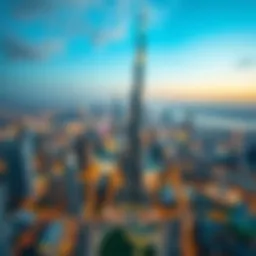 Aerial view of Burj Khalifa illuminating the Dubai skyline