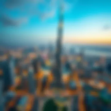 Aerial Perspective of Burj Khalifa Aerial view of Burj Khalifa illuminating the Dubai skyline