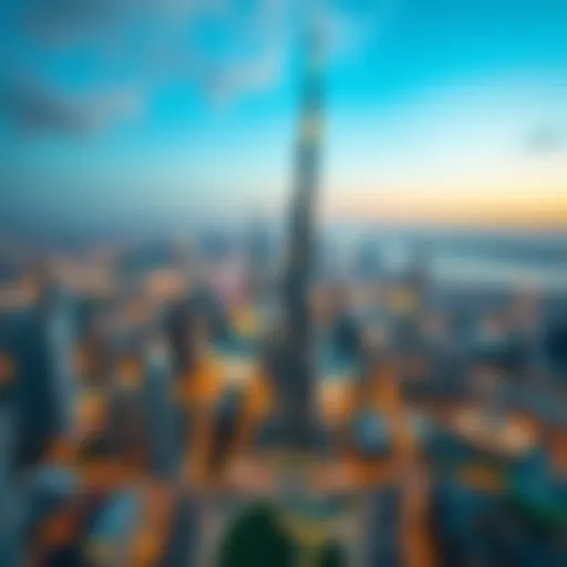 Aerial Perspective of Burj Khalifa Aerial view of Burj Khalifa illuminating the Dubai skyline