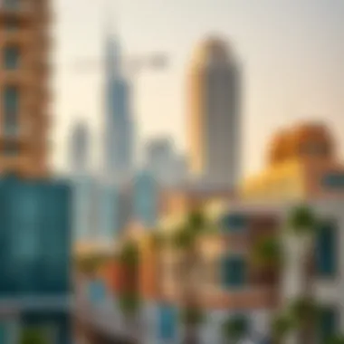 Architectural Diversity in Urban Landscape Showcasing unique architectural styles in Dubai Design District with a backdrop of skyline