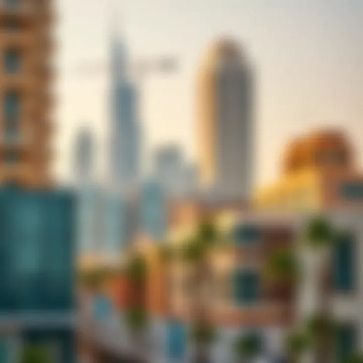 Architectural Diversity in Urban Landscape Showcasing unique architectural styles in Dubai Design District with a backdrop of skyline