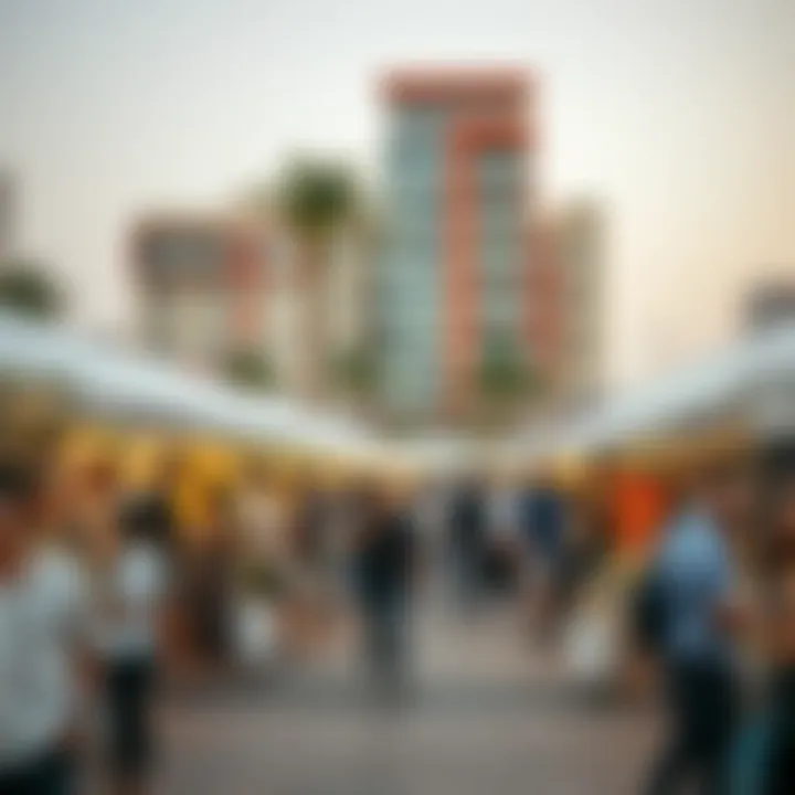 Cultural Interactions at Market Events Outdoor scene of a bustling market event in Dubai Design District emphasizing cultural interactions