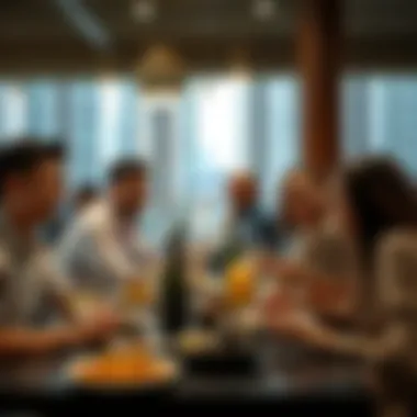 Social Dining Experience in Dubai Marina A group of friends enjoying a meal together, celebrating flavors and good company.