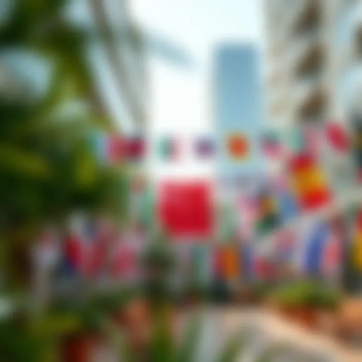 Cultural Diversity in International City Cultural diversity depicted through various international flags in a communal area