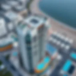 Aerial view of Al Khan Building showcasing its unique architectural design