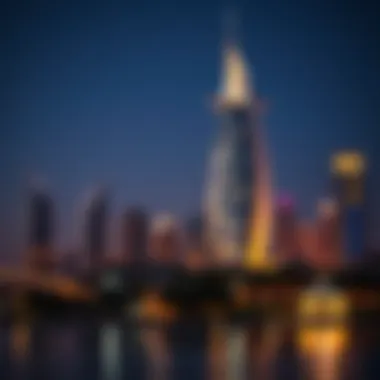 Dolphin Tower at night illuminated against Dubai's skyline