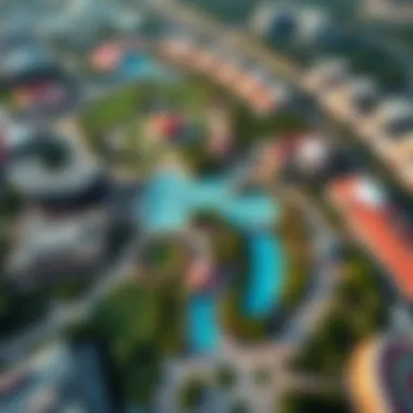 Aerial View of Dubai Park and Resort Aerial view of Dubai Park showcasing lush landscapes and attractions