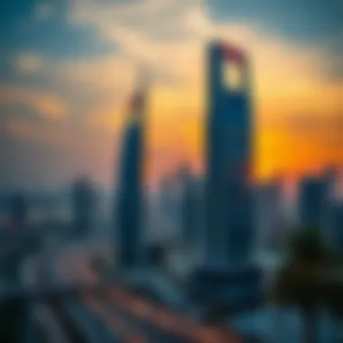 Sunset over Dubai Skyline Featuring Dubai Sky View Sunset view of Dubai Skyline with Dubai Sky View in focus
