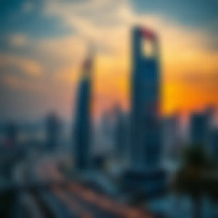 Sunset over Dubai Skyline Featuring Dubai Sky View Sunset view of Dubai Skyline with Dubai Sky View in focus