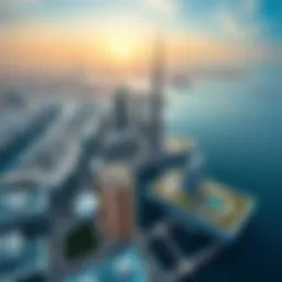 Aerial view of Festival City showcasing the skyline and waterfront