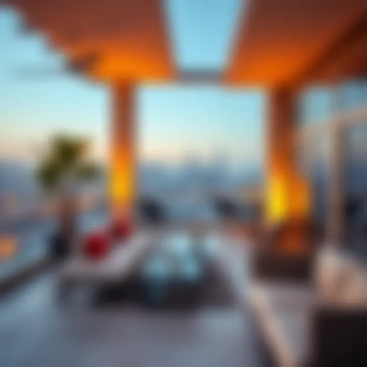 Rooftop Terrace with City View A vibrant rooftop terrace of a Dubai loft with city skyline in the background