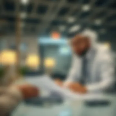 A close-up of a consultant assisting a client with paperwork related to property services.