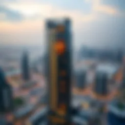 Aerial view of Blakely Tower showcasing its modern architectural design against the Dubai skyline.