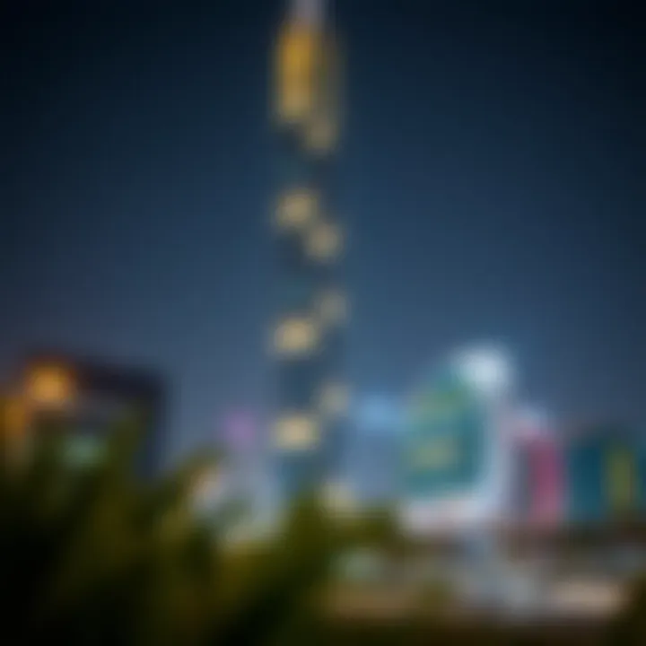 Illuminated Blakely Tower at Night Night view of Blakely Tower lit up, emphasizing its impact on Dubai's night skyline.