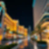 Stunning view of the Dubai Hilton Walk at night, showcasing vibrant lights and architecture