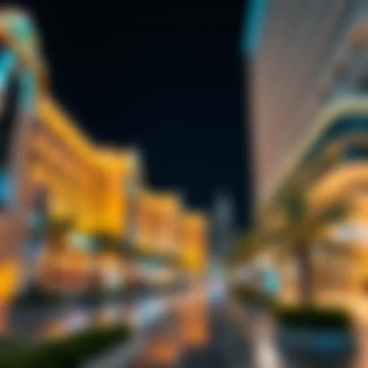 Stunning view of the Dubai Hilton Walk at night, showcasing vibrant lights and architecture