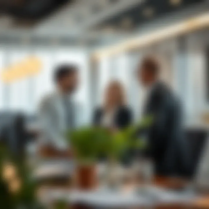 Broker-Client Interaction in Dubai Brokers discussing with clients in a modern office