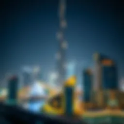 Majestic view of Burj Khalifa illuminating the Dubai skyline at night