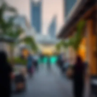 Vibrant community spaces in Gate Village with people engaging