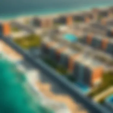 Aerial View of J1 Beach Luxury Properties Aerial view of J1 Beach showcasing the luxurious beachfront properties