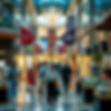 A bustling shopping environment around kiosks in Dubai Mall