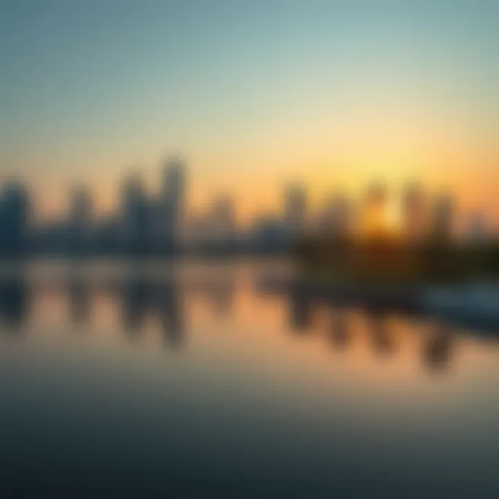 Sunset Reflection at Lake View in JLT A sunset reflection on the lake with the skyline of Jumeirah Lake Towers in the background, illustrating serene living.