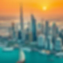 Aerial view of Dubai skyline with iconic buildings