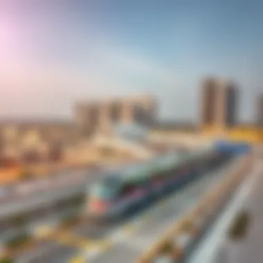 Al Seef Urban Planning and Real Estate A scenic view of Al Seef with metro stations and residential areas, showcasing urban planning.