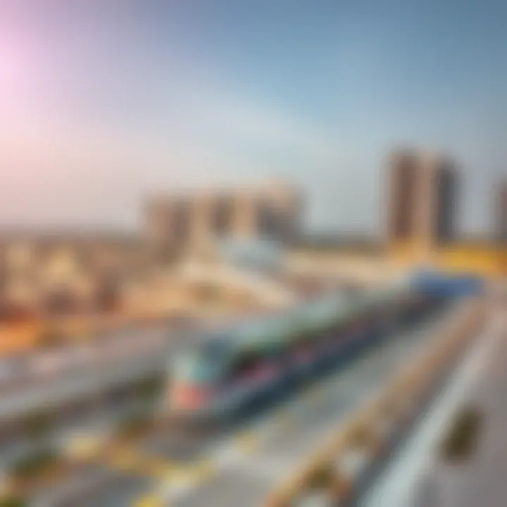 Al Seef Urban Planning and Real Estate A scenic view of Al Seef with metro stations and residential areas, showcasing urban planning.