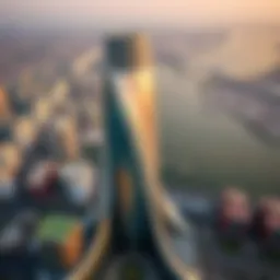 Aerial view of O14 Tower showcasing its unique architectural features