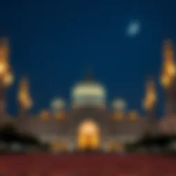A tranquil mosque illuminated by lanterns during Ramadan nights