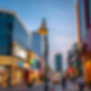 Vibrant streetscape of Rigga Al Buteen Plaza with commercial establishments