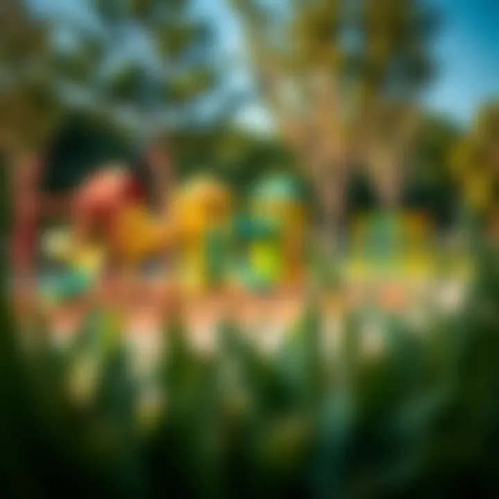 A close-up of the park's amenities including playgrounds and fitness areas