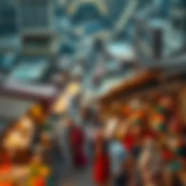 Dubai Market: A Hub for Bargains An aerial view of a bustling market in Dubai with vibrant stalls