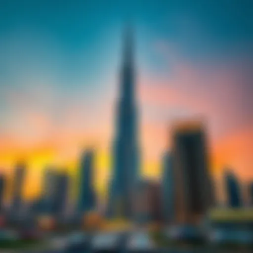 The Burj Khalifa towering against a sunset sky