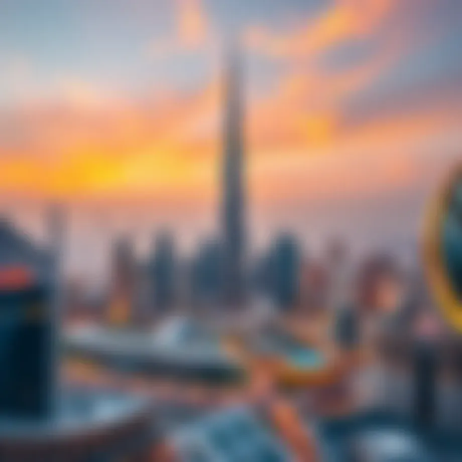A panoramic view of the Burj Khalifa towering over the Dubai skyline.