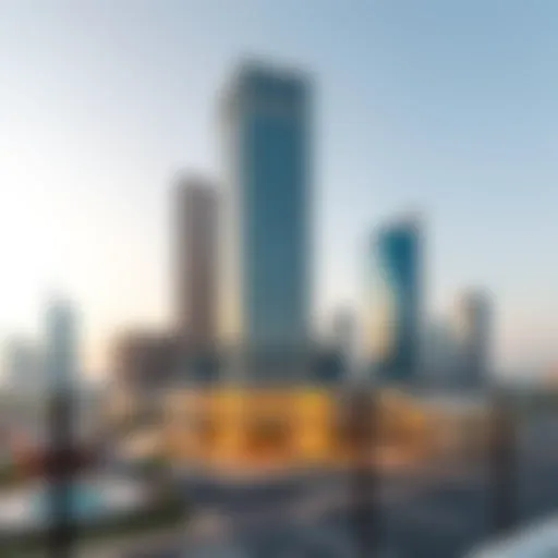 A panoramic view of Trade Center 1 highlighting its architectural design